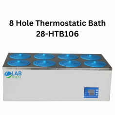 Labexpo 8 Hole Thermostatic Bath features a 20.6 L capacity, is arranged in 2 rows with 8 holes, and operates between 5 °C and 100 °C. It includes an electrolysis-treated water sink, a cold-rolled steel shell, PID temperature control, a timer, over-temperature alarms, and a power failure backup.