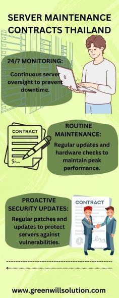 Server maintenance contracts in Thailand offer essential support for businesses, ensuring servers run smoothly and securely. These contracts cover regular updates, troubleshooting, and emergency repairs to minimize downtime. With professional server maintenance, companies can maintain optimal performance and protect data, allowing seamless business operations.