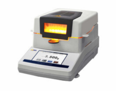 Labdex Halogen Moisture Analyzer with 110 capacity and 1 readability operates from 40 to 199°C using halogen heating for uniform results. It features a 5-inch LCD for moisture and weight loss display, manual temperature and time settings, data storage for 20 tests, and easy cleaning after testing.