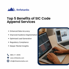 IInfotanks’ SIC Code Append Services deliver unmatched advantages for businesses. First, it enhances data accuracy by appending precise industry classifications to your records. Second, it enables better audience segmentation for targeted marketing campaigns. Third, it improves lead generation by identifying potential customers within specific industries. Fourth, it supports compliance with industry standards and regulations. Finally, it provides deeper market insights, helping businesses make informed decisions. By leveraging IInfotanks’ trusted SIC Code Append Services, you can optimize your data for better performance and achieve superior business outcomes. Unlock the potential of your business data with IInfotanks today.
For more info: https://www.iinfotanks.com/data-appending-service/sic-code-appending-services/
Email :  info@infotanksmedia.com
Contact us : 888-211-8595