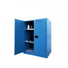 Labtron Corrosive Cabinet, with a 340L capacity, features dual-wall fire-resistant construction and 38mm insulating air space. Reinforced doors have a three-point latch and manual lock for added security. Shelves support up to 100 kg, providing reliable storage for corrosive materials. Ideal for lab safety.