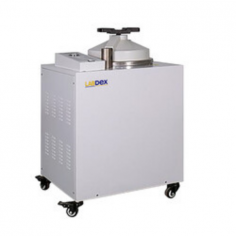 Labdex Vertical Autoclave with 150L capacity reaches up to 138°C with 0.23 MPa working pressure. It includes a pulse vacuum system, LCD touch screen control, automated sterilization, and a timer range of 0 to 99 minutes. Safety features include heat protection, anti-dry heating, and a safety interlock door.