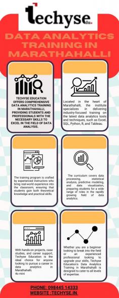 analytics!
Data Analytics Training In Marathahalli
Techyse Education offers industry-leading Data Analytics training in Marathahalli, designed to equip students with essential skills in data analysis, visualization, and statistical techniques. Our hands-on approach ensures that learners gain practical experience using tools like Python, R, and Excel, preparing them to solve real-world data challenges. Led by experienced instructors, the Data Analytics training in Marathahalli covers the latest trends and technologies, providing students with the knowledge and confidence to excel in the growing field of data analytics. With dedicated placement support, Techyse Education is the perfect choice for launching a successful career in data analytics.
Reach Us:
Techyse Education | Data Analyst, Python, Power BI Training in Marathahalli, Bangalore
#18, Krishna Summit, 307, 3rd Floor, Aswath Nagar, Next to Canara Bank, Marathahalli, Bangalore,
Karnataka 560037
Phone: 098445 14333
Website: https://techyse.in/
