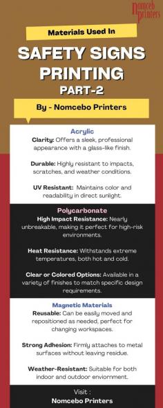 This content visually explains the various materials used in safety signs printing, helping stakeholders choose the right options for their specific safety needs.