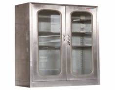 Abimed Medical Cabinet, crafted from anti-corrosive stainless steel, features multiple shelves and glass doors with noise-reducing rubber bumpers, providing durable and reliable storage for medical settings. Its stable design ensures functionality in any clinical environment.