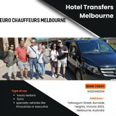 Enjoy seamless Hotel Transfers in Melbourne with Euro Chauffeurs Melbourne. Experience luxury, punctuality, and professionalism as our chauffeurs ensure a comfortable ride to and from your hotel. Perfect for business or leisure, we prioritize your convenience and style. Book your premium transfer today!

