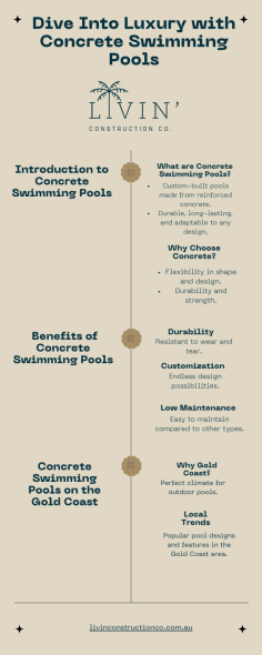 Discover the ultimate in luxury and durability with concrete swimming pools gold coast from Livin Construction Co. Our latest infographic reveals the benefits of choosing concrete, showcases the stunning possibilities for your Gold Coast home, and guides you through our seamless process from design to installation. Ready to dive into your dream pool? Click to explore more https://livinconstructionco.com.au/concrete-swimming-pools-gold-coast/ .