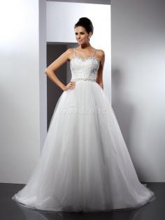 Robe de mariée longue manche nulle textile en tulle avec perle ligne a