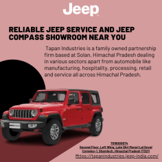 Looking for a trusted Jeep schedule service near me or a premium Jeep Compass showroom near me? Visit Tapan Industries, where we provide top-notch Jeep services and showcase the latest Jeep Compass models.

Our certified service center ensures your Jeep stays in excellent condition with expert care and genuine parts. Whether you need routine maintenance or advanced repairs, our team is equipped to handle it all.

Explore the Jeep Compass showroom to experience its unmatched design, advanced technology, and robust performance. Our team is ready to help you discover the perfect Jeep for your adventures.