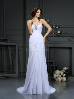 Robe de mariée naturel longue avec perle cordon de traîne courte