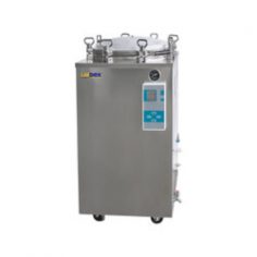 Labdex Vertical Type Counter Pressure Steam Autoclave with 150L capacity operates from 105 to 134°C at 0.22 MPa working pressure. Features a digital display, microprocessor control, self-inflating seal, and dual exhaust modes. It includes auto-power-off safety alarms and durable stainless steel design.