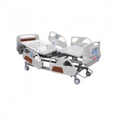 Medical Deals Five-Function Electric Hospital Bed features Trendelenburg and reverse Trendelenburg positions. Made from mild steel with an epoxy coating, it has a perforated mattress base, silent central locking castors, and a safe, battery-backed motor system.