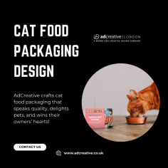 Showcase your brand with innovative cat food packaging design that combines functionality and style. AD Creative London's creative solutions highlight your product's quality while capturing pet owners' attention. We ensure your brand stands out on shelves with eco-friendly options or eye-catching graphics. We design packaging that reflects care and excellence for premium cat food brands. Boost your brand's appeal with custom cat food packaging that resonates with customers and their pets!