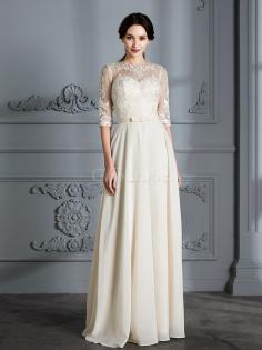 Robe de mariée naturel encolure ronde a-ligne avec manche 1/2 avec sans manches