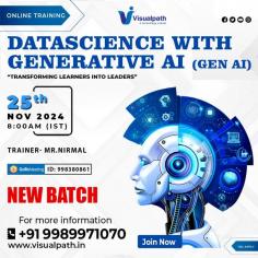 Join Now: https://meet.goto.com/998380861 Attend Online #Newbatch on #DataScience with #GenerativeAI (GenAI) by Mr.Nirmal Batch on: 25/11/2024 @8:00 AM (IST) Contact us: +91 9989971070. WhatsApp: https://www.whatsapp.com/catalog/919989971070/ Visit: https://www.visualpath.in/online-data-science-with-generative-ai-course.html