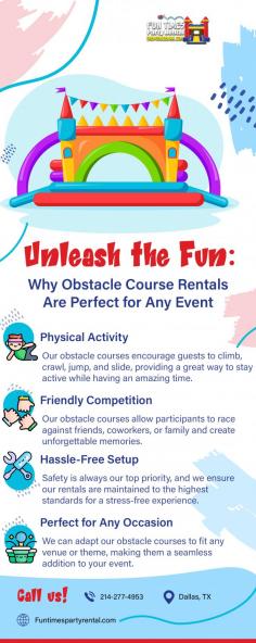 Perfect Entertainment for Any Occasion

https://www.funtimespartyrental.com/richardson-bounce-house-rentals/ - Our obstacle course rental services bring excitement and adventure to any event! Perfect for parties, corporate events, or school activities, our service offer fun challenges that everyone will love.