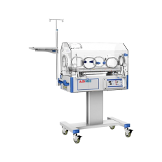 Abimed Infant Incubator provides computer-controlled convective heat, over-temperature protection, an adjustable bed, and an LED display. It supports a temperature range of 25 to 37 degrees Celsius, extendable to 38 degrees Celsius, with a 45-minute warm-up for optimal infant care.
