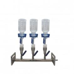   Labtron Manifold Vacuum Filtration Unit includes a borosilicate glass filter head and three 300-ml glass funnels for convenient multi-sample filtration. It features a 316L stainless steel holder, resistant to alkali, acid, and corrosion, with a 20µm pore size and independent vacuum control for each funnel.