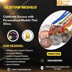 At Trophy Deals, we craft high-quality custom medals that honor achievements in style. Perfect for sports, academics, corporate recognition, and community events, our medals are designed to leave a lasting impression. With personalized options like unique shapes, premium finishes, custom engraving, and vibrant ribbons, we create awards that reflect the significance of every accomplishment. Whether you're celebrating a championship, academic excellence, or a milestone, our expert craftsmanship ensures your medals are both elegant and durable. Contact us at 936-349-0300 or sales@trophydeals.com to create your custom medals today!
