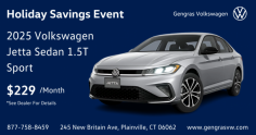 Holiday Savings Event: Drive a 2025 Volkswagen Jetta Sedan 1.5T Sport for Just $229/Month!

This holiday season, save big at our Holiday Savings Event and drive away in a 2025 Volkswagen Jetta Sedan 1.5T Sport for just $229/month!
The 2025 Jetta Sedan combines sleek design, advanced technology, and impressive fuel efficiency in one exciting package. Whether you’re cruising through town or heading out for a road trip, the Jetta delivers a smooth, responsive ride every time.
Take advantage of this limited-time offer and make this holiday season extra special! Visit Gengras Volkswagen at 245 New Britain Ave, Plainville, CT 06062 or give us a call at 877-758-8459 for more details.
Don’t miss out—this offer ends soon!
Shop online at www.gengras.com.
See dealer for details. Terms and conditions apply.

Website: https://www.gengrasvw.com/
FaceBook: https://www.facebook.com/gengrasvolkswagen/
Buisness Name : Gengras Volkswagen