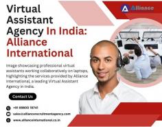 Image showcasing professional virtual assistants working collaboratively on laptops, highlighting the services provided by Alliance International, a leading Virtual Assistant Agency in India. The setting reflects a modern, efficient, and tech-savvy work environment For more information, visit: www.allianceinternational.co.in/virtual-assistant-companies.