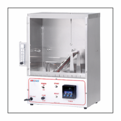 LabExpo Flammability Test Equipment is designed with a stainless steel body, featuring an automatic timer and easily replaceable burner tip. It includes automatic burner positioning, a gas flow meter, and a sliding front window, ensuring reliable testing in temperatures between 10°C and 35°C.