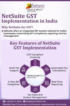 The NetSuite GST Implementation in Indiais calculated and applied as part of the sales process in NetSuite via the India Localization Tax Engine Saturotech. The Saturotech also allows you to generate E-Way bills, modify your saved search for India GST Tax Details, and create statutory adjustment journals. If you need more information visit-https://saturotech.com/netsuite-implementation-service.php