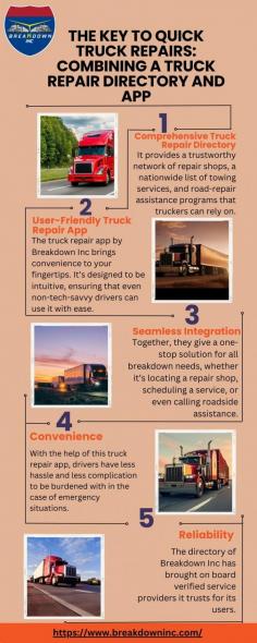 Minimize downtime during a Truck Breakdown with the ultimate tools: a user-friendly truck repair app and an extensive truck repair directory. Breakdown Inc provides instant access to reliable repair services, saving you time and stress on the road. Get back to business faster with our seamless platform. Visit here to know more:https://breakdowninc.wordpress.com/2024/12/09/the-key-to-quick-truck-repairs-combining-a-truck-repair-directory-and-app/