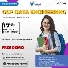 Kickstart Your GCP Data Engineering Skills – Join Our Free Demo Session!  Attend an Online Free Demo on GCP Data Engineering Course by Mr. Krishna Prasad Demo on:Date: 17/12/2024 @8:00 AM IST Contact us: +919989971070 WhatsApp: https://www.whatsapp.com/catalog/919989971070/ Blog Visit: https://visualpathblogs.com/ Visit us https://www.visualpath.in/online-gcp-data-engineer-training-in-hyderabad.html 