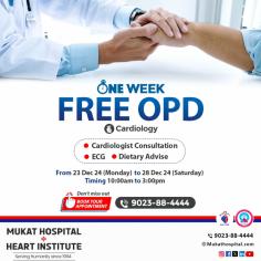 Avail the opportunity of our One Week FREE OPD from 23rd December 2024 (Monday) to 28th December 2024 (Saturday), between 10:00 AM and 3:00 PM. Services include FREE ECG, Cardiologist Consultation, and Dietary Advice to support your heart health. Call: 9023884444