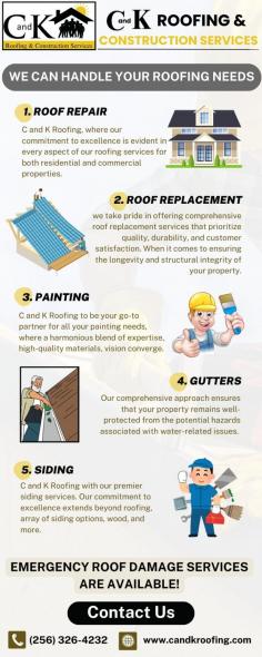 Roof Repair Hazel Green - C and K Roofing & Construction Services

Need a Roof Repair Hazel Green? Trust C&K Roofing & Construction Services for a seamless and professional experience. Whether your roof is old, damaged, or severely worn, our experienced team offers reliable replacements using high-quality materials designed to last. We work with you to select the best roofing system that fits your home’s needs and budget. Our expert installation ensures long-term durability, improved energy efficiency, and enhanced curb appeal. Say goodbye to leaks and costly repairs with a new roof from C&K Roofing. For more information on our roof repair services, call us today at (256) 326-4232!