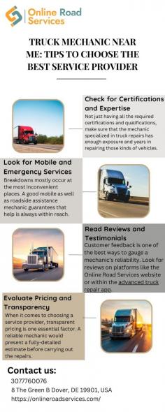 Choose the right truck mechanic near me by understanding essential factors like reputation, tools, and response time. Learn how a truck repair app simplifies the search process and ensures quality service. Stay prepared for emergencies with top-notch roadside assistance to keep your truck running smoothly and efficiently. Visit here to know more:https://onlineroadservicesblog.wordpress.com/2024/12/03/truck-mechanic-near-me-tips-to-choose-the-best-service-provider/