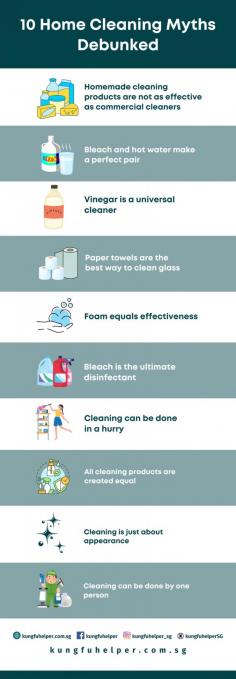 Unveil the truth behind common misconceptions about home cleaning through this infographic. Discover expert insights that dispel common cleaning myths and offer light on best methods. Learn how professional part time cleaners and home cleaning services in Singapore may help you create a cleaner and healthier living environment. 

Source https://kungfuhelper.com.sg/blog/10-home-cleaning-myths-debunked/
