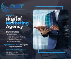 A professional-looking image promoting a digital marketing agency called "Digital Solution Tech." The image features a person using a tablet, showcasing the agency's expertise in digital marketing strategies. The text overlay highlights their services, including SMM, SEO, content writing, web development, and more. The agency's contact information is also provided for potential clients