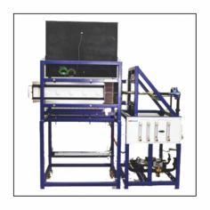 LabExpo Spread of Flame Apparatus tests flame spread in materials, featuring a radiant panel and specimen support framework. It includes gas and air controls, a heat release stack, a calibration board, and a heat flux meter for precise measurements, adhering to IMO marine standards for accurate fire safety testing.