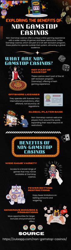 With non gamstop casinos, you can experience a more open and enjoyable gambling environment. These casinos don’t have the self-exclusion limitations of GamStop, giving players more control over their gaming. From generous bonuses to a wide variety of games, non gamstop casinos provide everything you need to enjoy a seamless gaming experience.  Website: https://zulaapp.com/non-gamstop-casinos/