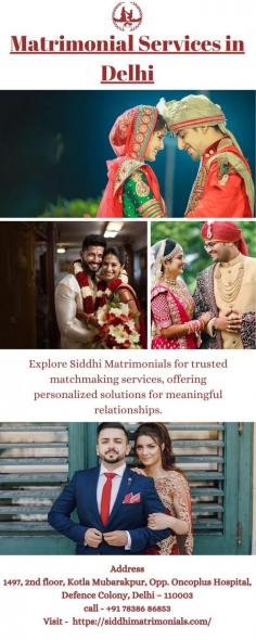 Discover premium Matrimonial Services in Delhi with Siddhi Matrimonials. Offering personalized matchmaking, verified profiles, and trust-driven solutions to help you find your perfect life partner. To know more, please visit website - https://siddhimatrimonials.com/

