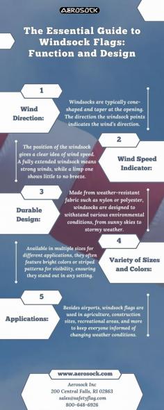 This infographic provides a comprehensive overview of windsock flags, focusing on their function and design. It explains how windsocks are used to measure wind direction and speed in various industries, from aviation to weather stations. Additionally, it highlights key design features, such as material, shape, and color, that make Windsocks both practical and visually distinctive. Visit us at https://aerosock.com/
