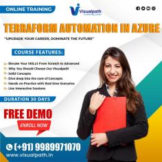 Visualpath offers The Best Terraform Automation in Azure Cloud Training by real-time experts. Our Terraform Course Online is available in Hyderabad and is provided to individuals globally in the USA, UK, Canada, Dubai, and Australia. Contact us at +91-9989971070. WhatsApp: https://www.whatsapp.com/catalog/919989971070/ Visit blog: https://visualpathblogs.com/ Visit: https://www.visualpath.in/terraform-online-training.html 