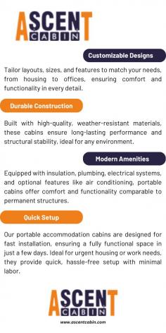 High-quality portable cabins from Ascent Cabin are crafted to deliver exceptional comfort and functionality for modern living. Designed with premium materials, these cabins ensure durability and reliability in various settings. Their customizable layouts and thoughtfully designed interiors include modern amenities, creating a cozy and efficient living space. Ideal for residential, commercial, or remote use, these cabins offer a perfect blend of style, convenience, and portability.