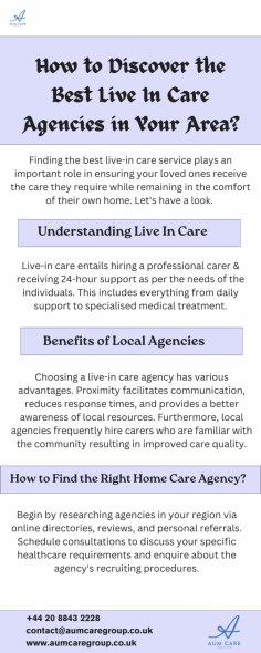 By researching your options, select the live in care agencies near me that offer compassionate, personalised care for your loved one, ensuring their comfort and well-being at home. Explore More: https://www.aumcaregroup.co.uk/about/