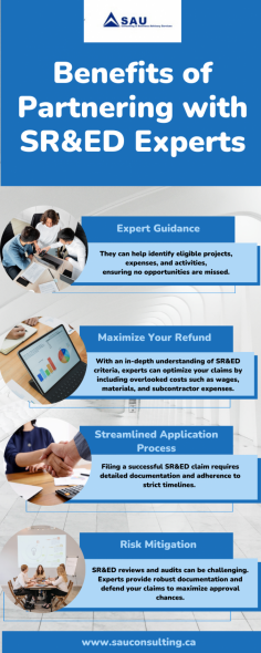 In this infographic, discover the key benefits of partnering with SR&ED experts. From maximizing your tax credits and ensuring compliance to saving time and reducing audit risks, these professionals streamline the Scientific Research and Experimental Development (SR&ED) claim process. Gain valuable insights, access expert guidance, and optimize your funding opportunities for innovation and growth. Partner smart, and innovate better. For more inquiries contact us at https://www.sauconsulting.ca/

