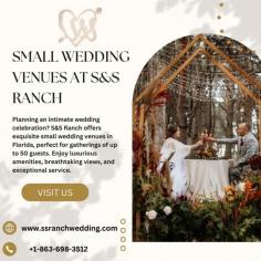 Planning an intimate wedding celebration? S&S Ranch offers exquisite small wedding venues in Florida, perfect for gatherings of up to 50 guests. Enjoy luxurious amenities, breathtaking views, and exceptional service. Visit us at our website to learn more about our small wedding venues.