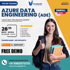 Join Now:  https://meet.goto.com/859112597 Attend Online #Free_Demo On #Azure_Data_Engineering by  Mr.Siddarth. Demo on: 28th December 2024 @9:00 AM IST. Contact us: +91 9989971070 WhatsApp: https://www.whatsapp.com/catalog/919989971070 Visit: https://www.visualpath.in/online-azure-data-engineer-course.html