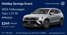 This holiday season, take advantage of our Holiday Savings Event and lease a 2024 Volkswagen Taos 1.5T SE 4Motion for only $249/month!
The 2024 Taos combines bold style, advanced technology, and versatility. With 4Motion all-wheel drive, spacious seating, and impressive fuel efficiency, it’s the ideal SUV for both city driving and winter adventures. Whether you're running errands or exploring new destinations, the Taos is ready for anything.
Visit Gengras Volkswagen at 245 New Britain Ave, Plainville, CT 06062 to check out this amazing offer. Have questions? Call us at 877-758-8459 or visit www.gengras.com for more details.
Don’t miss out—this offer is for a limited time only!
See dealer for details. Terms and conditions apply.
Website: https://www.gengrasvw.com/
FaceBook: https://www.facebook.com/gengrasvolkswagen/
Buisness Name : Gengras Volkswagen