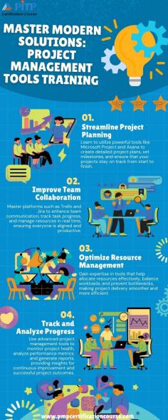 Elevate your project management capabilities by mastering cutting-edge tools that drive success. This training equips you with the expertise to utilize platforms like Asana, Trello, Microsoft Project, and Jira for planning, tracking, and collaboration. Learn to streamline workflows, optimize resource allocation, and deliver projects efficiently. Whether you're managing small teams or large-scale initiatives, modern project management tools will enhance your productivity and ensure seamless execution. Stay ahead in your career by mastering the tools that power today’s successful projects. For more details visit : https://www.pmpcertificationcourse.com/courses/project-management-tools-courses

