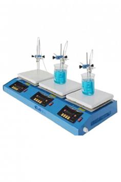 Labnics Multi-Position Hotplate Magnetic Stirrer has three stirring pans for tasks like digestion and evaporation. It features a 100-1800 rpm range, a 325°C max temperature, a brushless motor, an LED display, and overheat protection.