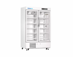 Advalab Pharmacy Refrigerator offers reliable 2°C to 8°C storage with a 1006-liter capacity. Made of corrosion-resistant stainless steel, it features an LCD screen, electro-polished shelves, a motorized glass door, and built-in lighting. Energy-efficient with PID control, it ensures precise temperature stability.