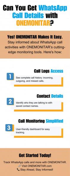 Can You Get WhatsApp Call Details with ONEMONITAR?

Yes! ONEMONITAR Makes It Easy. Stay informed about WhatsApp call activities with ONEMONITAR’s cutting-edge monitoring tools.

#whatsapptracker 