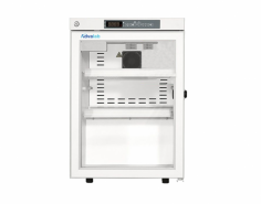 Advalab Single-Door Pharmacy Refrigerator ensures safe storage for drugs and vaccines with precise temperature control between two and eight degrees Celsius and a 100-liter capacity. It includes a digital display, LED lighting, built-in alarms, eco-friendly refrigerant, a stainless steel interior, and forced air cooling.